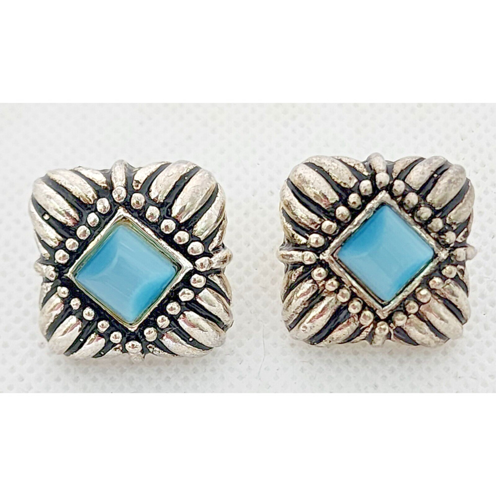 Earrings-Silver Tone with Blue "Stones"-Silver With Black Chunky Square-Pierced